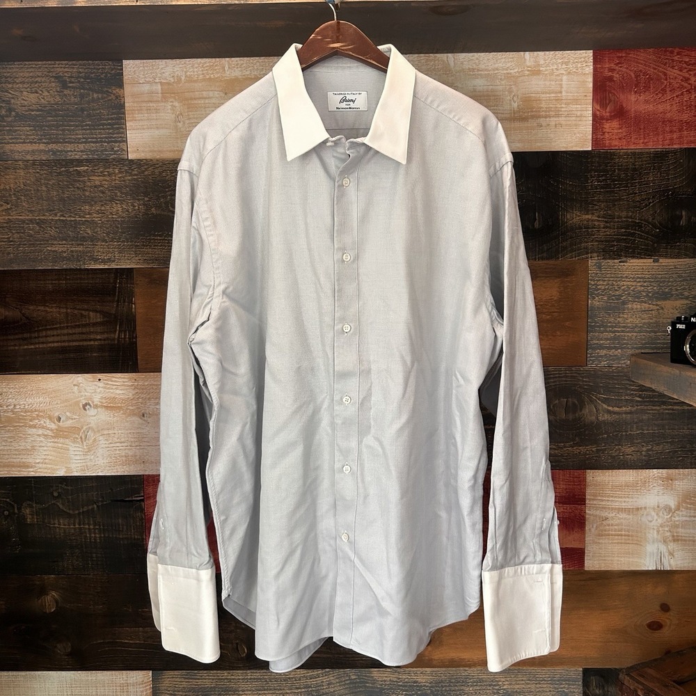 Brioni Neiman Marcus Mens Dress Shirt 18 L Grey White Made In Italy French Cuff